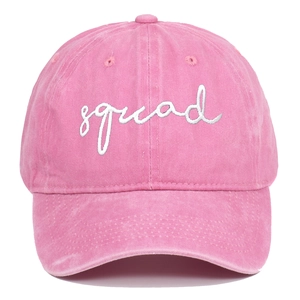 Pink washed cotton baseball cap with white squad embroidery and vintage distressed finish