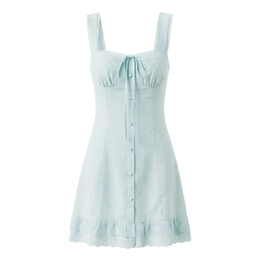 Light blue sleeveless dress with lace trim, ruffled hem and button-front details