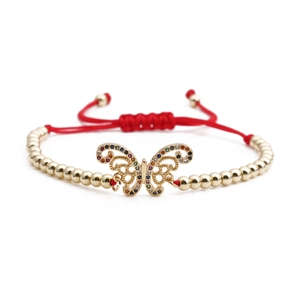 Adjustable red rope bracelet with gold beads and colorful zircon butterfly pendant