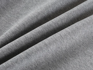 Close-up of gray knitted fabric texture showing soft quality and intricate weave