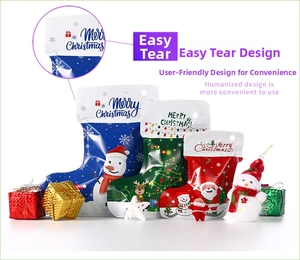 Detail of Christmas boot-shaped gift bags with zipper seals and hanging holes