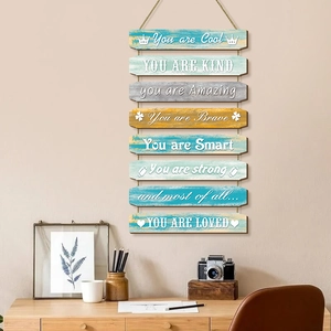 Inspirational wooden wall hanging with multicolored plaques for rustic farmhouse home decor