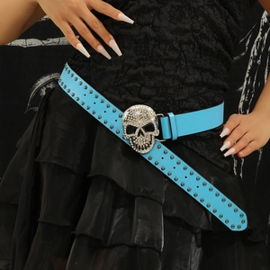 Ceinture Punk en Cuir PU pour Hommes Femmes Boucle de Crâne Personnalisée Ceinture à Strass Rivets Gothic Rock Hip Hop