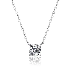 Minimalist silver titanium steel necklace with a classic four-claw round zircon pendant