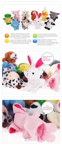 Macro view of plush animal finger puppets showing soft texture for early education
