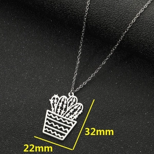 Silver cactus pendant necklace with dimensions 32mm height and 22mm width shown on black
