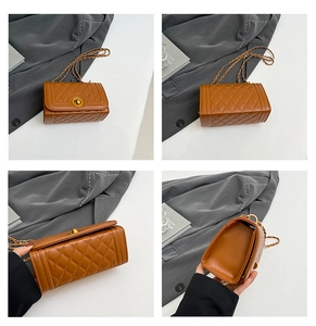 Detailed views of a brown quilted chain bag with a metal lock and leather texture
