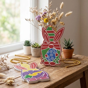 Easter gnome wooden hanging ornaments with bunny ears and floral egg details on rustic table