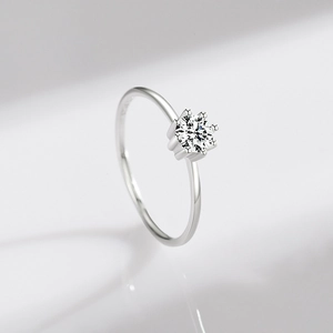 Classic S925 sterling silver six-prong solitaire ring with a round-cut clear stone