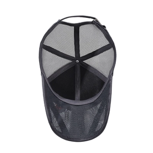 Breathable black mesh camouflage baseball cap with adjustable metal strap and six-panel crown