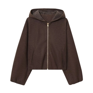 Women Hooded Zipper Jacket Thick Woolen Fabric Casual Streetwear Solid Brown Loose Fit Outerwear
