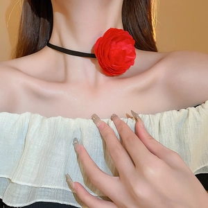 Elegant red lace fabric flower choker necklace with long black velvet ribbon for women