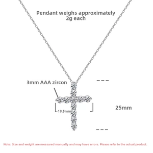 Detail view of S925 sterling silver cross pendant with 3mm AAA zircon and 25mm height