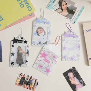 Chic star-patterned photo card holders with ball chains in black, blue, pink, and purple