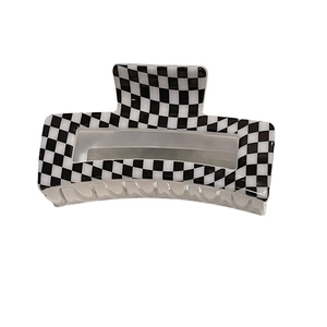 Fashionable black and white checkerboard rectangle hair claw clip with glossy resin finish