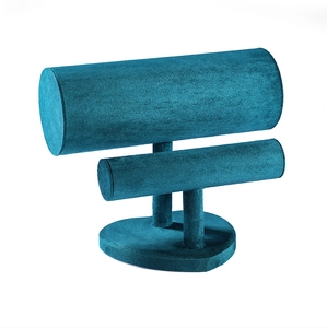 Double-tier T-bar jewelry stand in peacock blue velvet for bracelets and watches