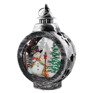 Retro silver Christmas lantern with snowman and pine tree festive LED light decor