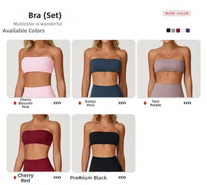 Detailed comparison of strapless yoga sets in five colors including pink, blue and black