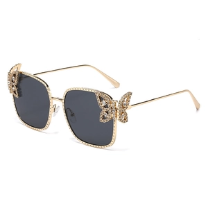 Square butterfly metal frame sunglasses with crystal rhinestones for women