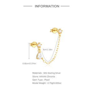 Detail of S925 sterling silver chain earrings with pearls and AAAAA zircon stone
