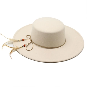 Elegant beige wool felt flat top boater hat with beaded feather trim for women