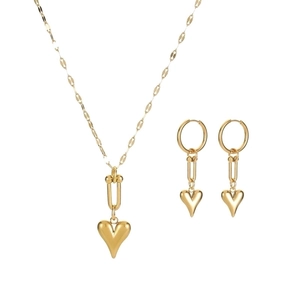 Detailed view of golden stainless steel jewelry set featuring heart pendants and lip chain