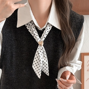 Retro silk scarf necklace with black polka dots and a golden heart pendant