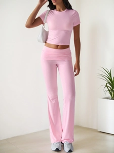 Women Short Sleeve Crop Top And Flared Pants Polyester Spandex Solid Color High Waist Slim Fit Casual Lounge Sport Outfits