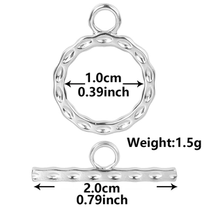 Macro view of stainless steel OT toggle clasp with dimensions 1.0cm ring and 2.0cm T-bar