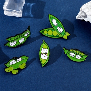Set of five creative pea pod cat enamel pins for backpacks and clothing accessories