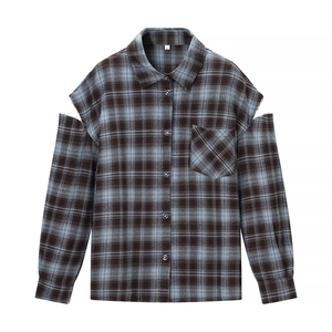 Women Plaid Shirt Polyester Cold Shoulder Cut Out Long Sleeve Raw Hem Button Down Casual Blouse With Pocket