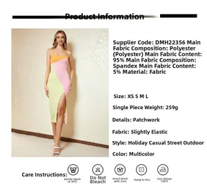 Detail showing the sexy high side slit and vibrant color-block panels on the summer dress