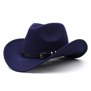 Detail of wide-brim navy cowboy hat with black leather band and silver buckle