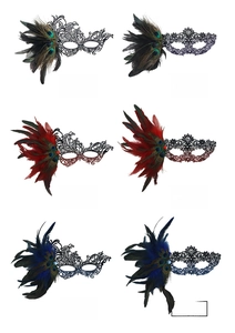 Detail view of Phoenix and Six-Petal feather masks with intricate peacock plume accents
