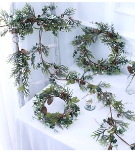 Close-up of Christmas wreath with pine needles, eucalyptus leaves, pine cones and white berries