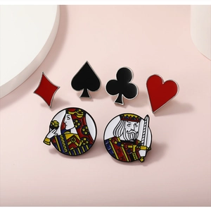 Detailed set of six metal enamel poker suit pins including hearts, spades, and royalty icons