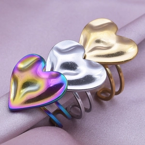 Minimalist adjustable stainless steel heart rings in rainbow, silver, and gold finishes