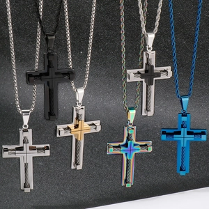 Men Stainless Steel Cross Pendant Industrial Cable Wire Inlay Design Religious Gothic Punk Jewelry Accessory