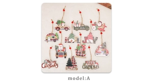 Detail view of 12-piece wooden Christmas pendants with colorful festive truck and gnome designs