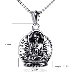 Hip hop silver Buddha pendant necklace with box chain, weight 32.8g and height 47mm