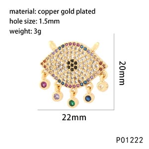 Gold plated evil eye charm pendant with colorful cubic zirconia and dimension details
