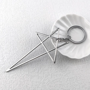 Macro detail of a punk retro silver pentagram keychain on a white textured background