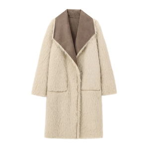 Women's reversible long coat in beige faux fur with contrasting brown suede lapels