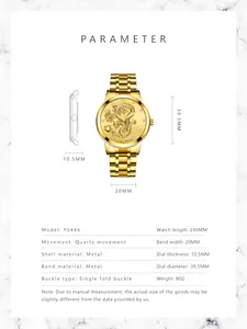Detailed size chart for Y0446 quartz watch showing case dimensions and metal band specs