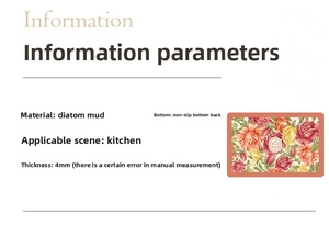 Detail card of 4mm absorbent kitchen mat showing floral pattern and non-slip backing