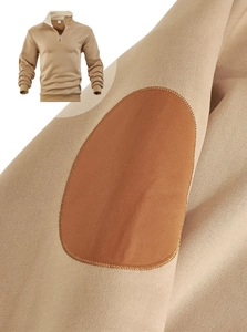 Detail of khaki fleece sweatshirt with half-zip collar and brown elbow patch stitching