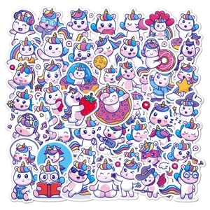 Detailed close-up of colorful waterproof cartoon unicorn stickers for water bottles and luggage