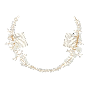 Elegant gold bridal hair vine with white ceramic flowers, pearls and crystal beads