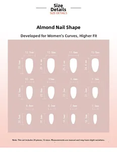 Size chart showing 12 dimensions of almond shape floral press-on nails in millimeters
