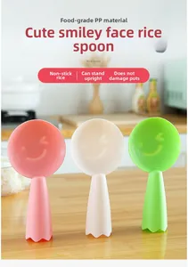 Three-piece set of standing non-stick rice paddles in pink, cream, and green colors